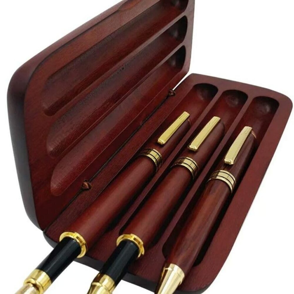 3 Pcs Wooden Pens Set with Gift Case/Best Writing Fountain Fancy Ballpoint Pen